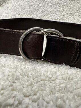 Thick Brown Cowhide Leather Belt, Silver Tone Double Ring  Belt, Made in USA, M